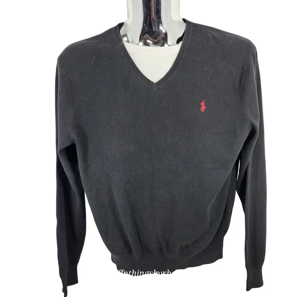 Polo Ralph Lauren Men Long Sleeve V-Neck PullOver Sweater Blk Pima Cotton Large